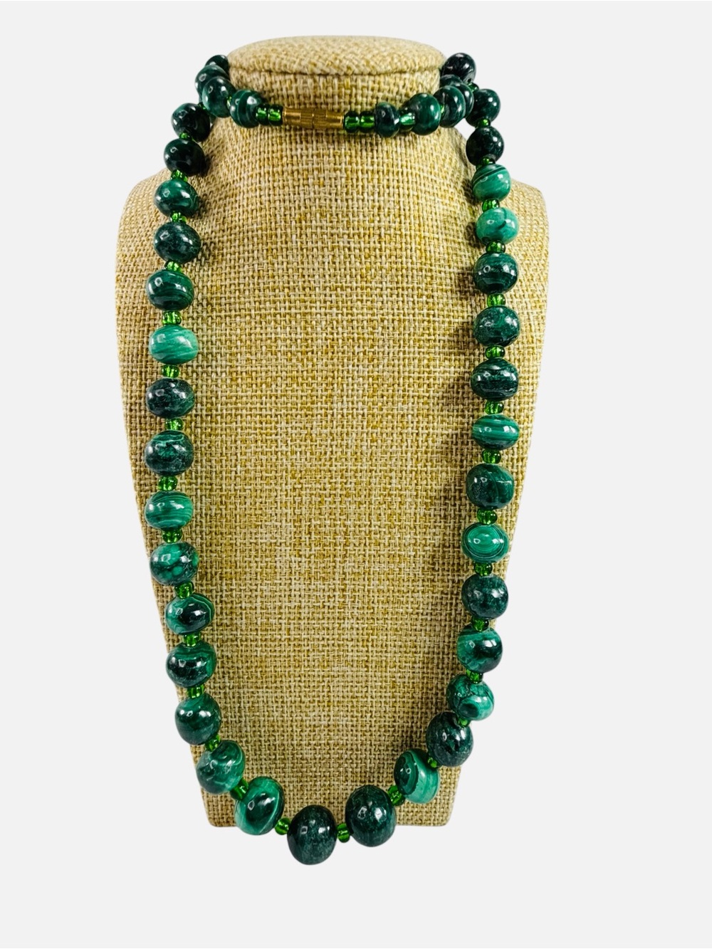 Vintage Graduated Malachite Bead Necklace 24" Barrel Screw Close Natural Stone